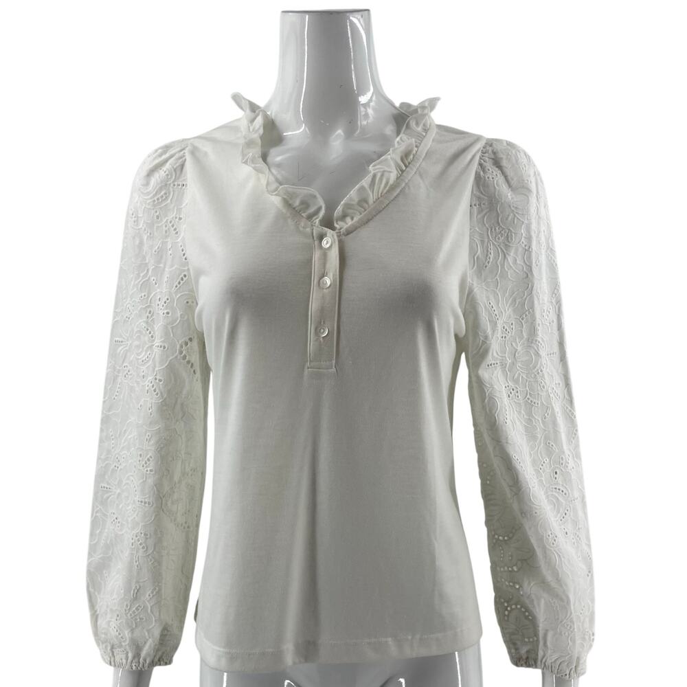 Atelier Womens Top Size Small White Eyelet Puff Shoulder Sleeve Ruffle Neck